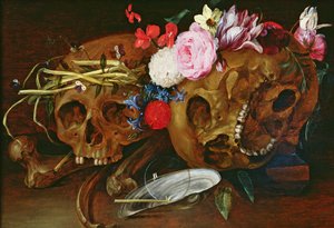 Vanitas Still Life with Skulls, Flowers, a pearl mussel shell, a bubble and straw